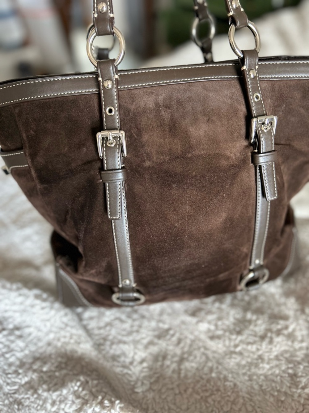 Coach Chocolate Brown Suede Tote with Leather Trim - Picture 4 of 14